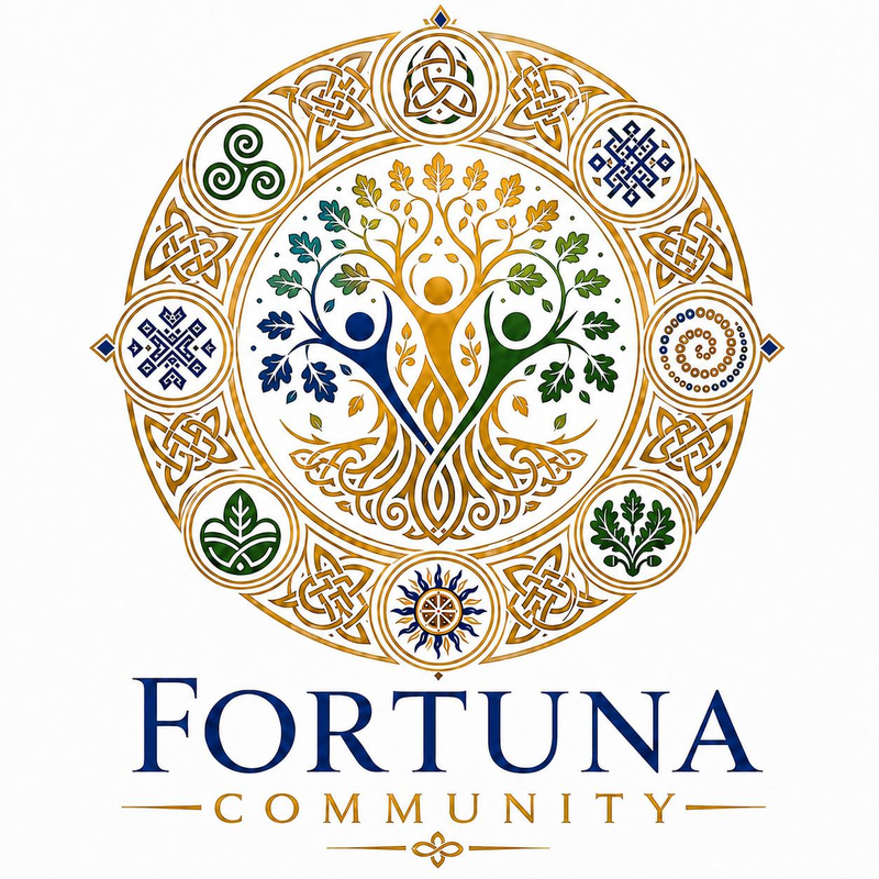 Логотип Fortuna Community: древо жизни с тремя фигурами внутри кольца из кельтских и украинских орнаментов